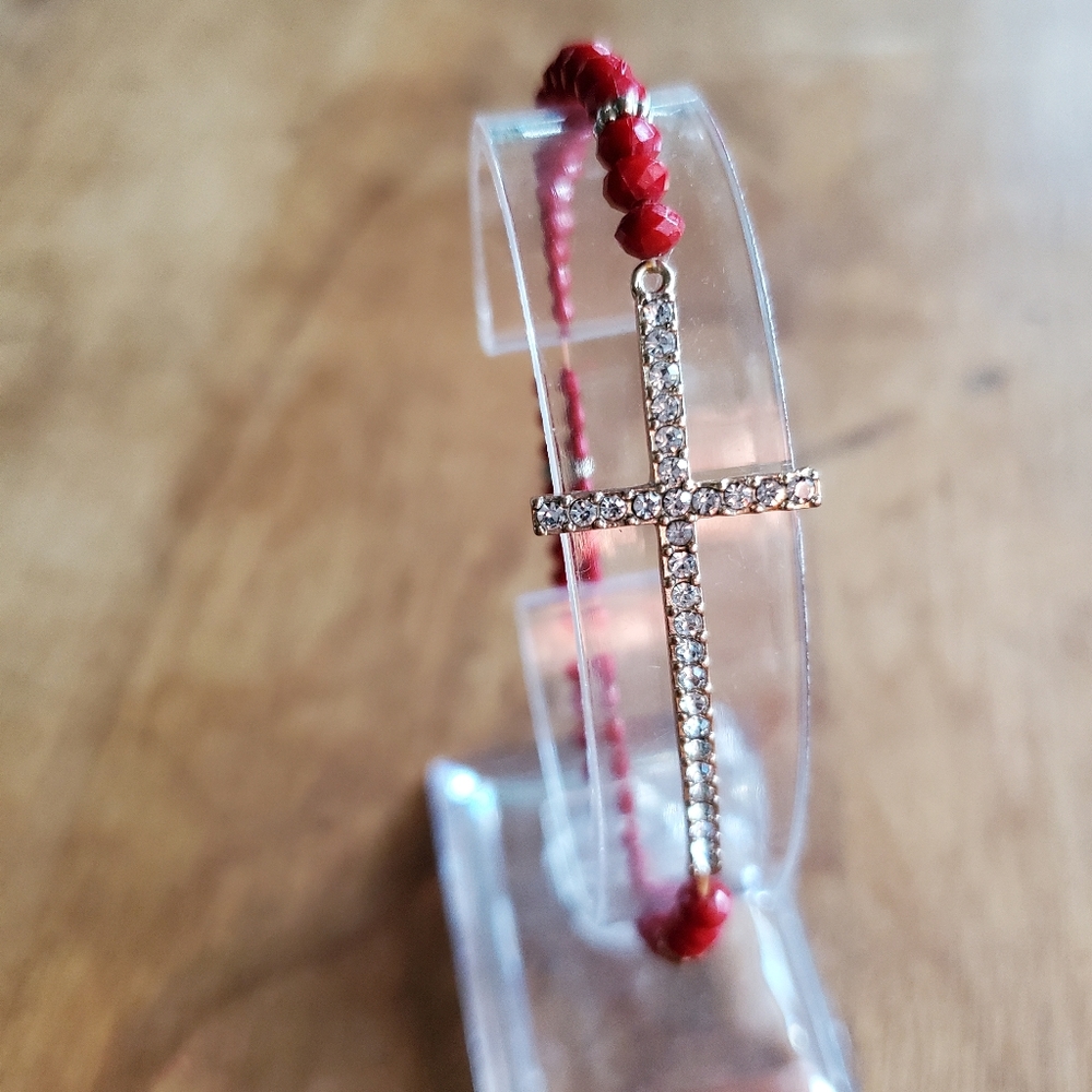 Pave Gold Tone Cross and Red Bead Stretch Bracelet
